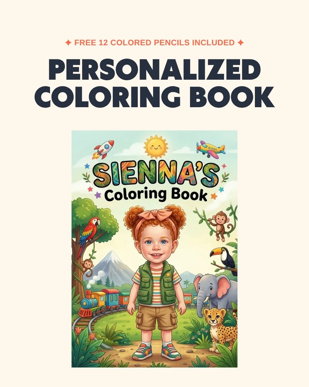PickedIn personalized coloring book — cover with the child's name, free 12 colored pencils included