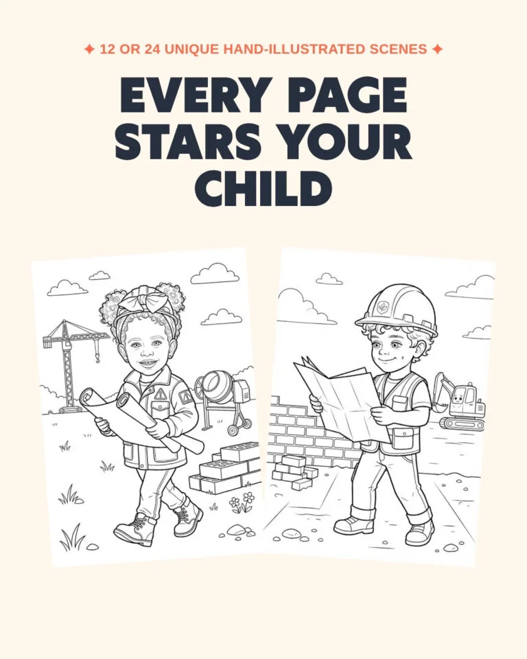 Inside the coloring book — every page stars your child
