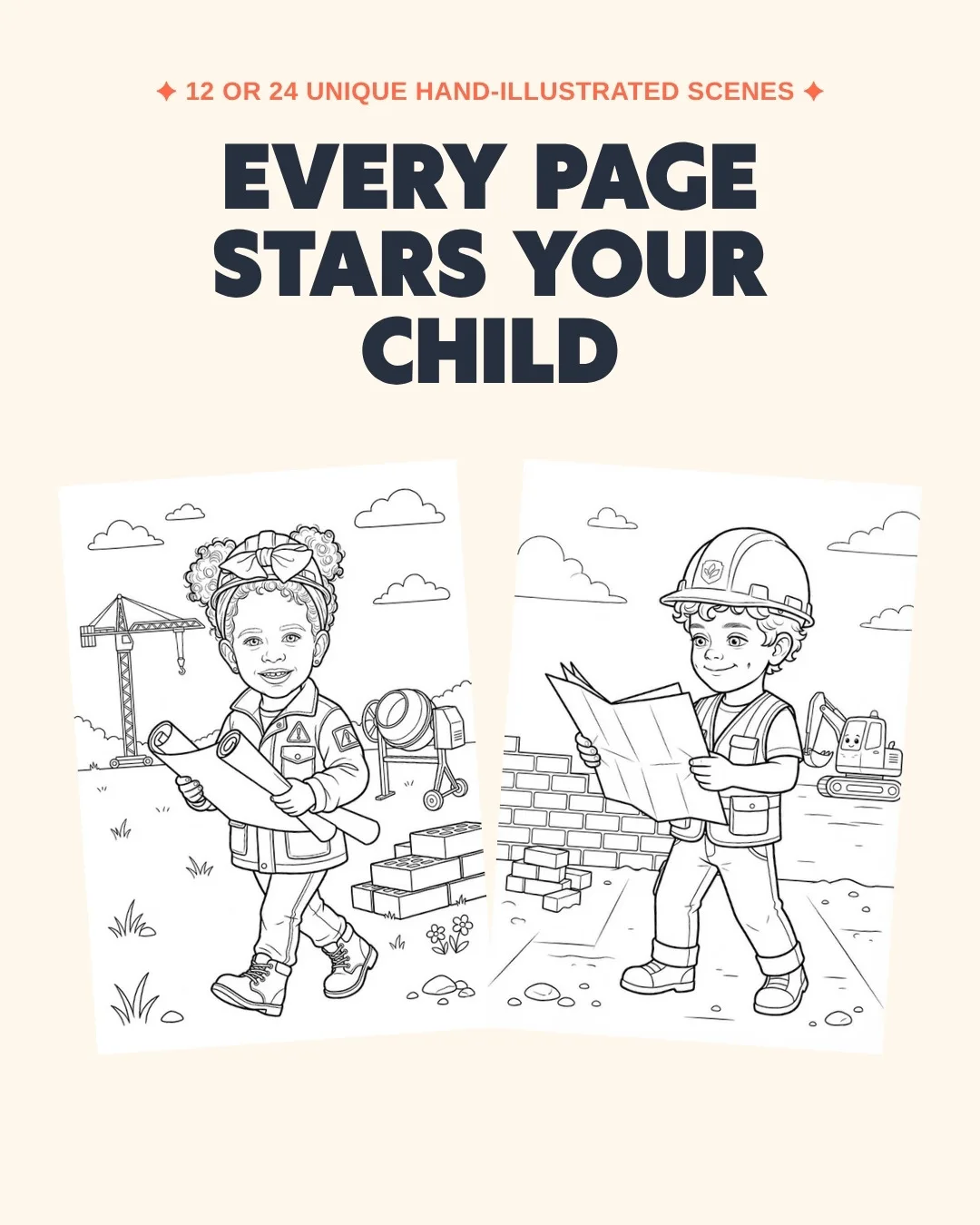 Inside the coloring book — every hand-illustrated page stars your child