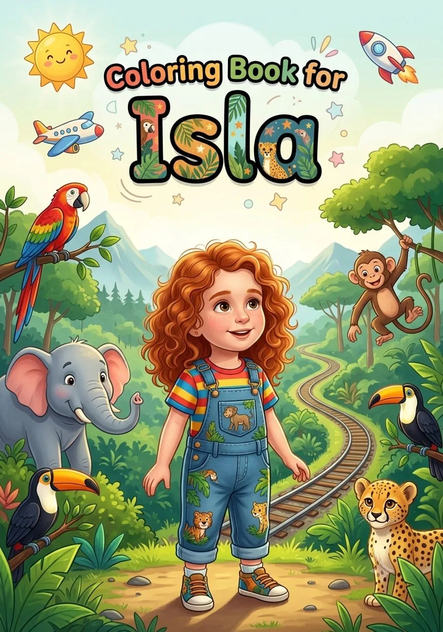 Personalized coloring book cover example — Isla, jungle adventure theme