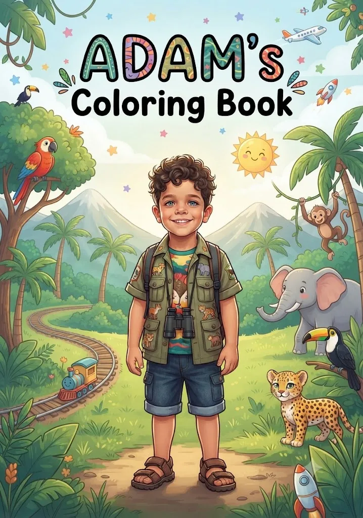 Personalized coloring book cover example — Adam, jungle explorer theme