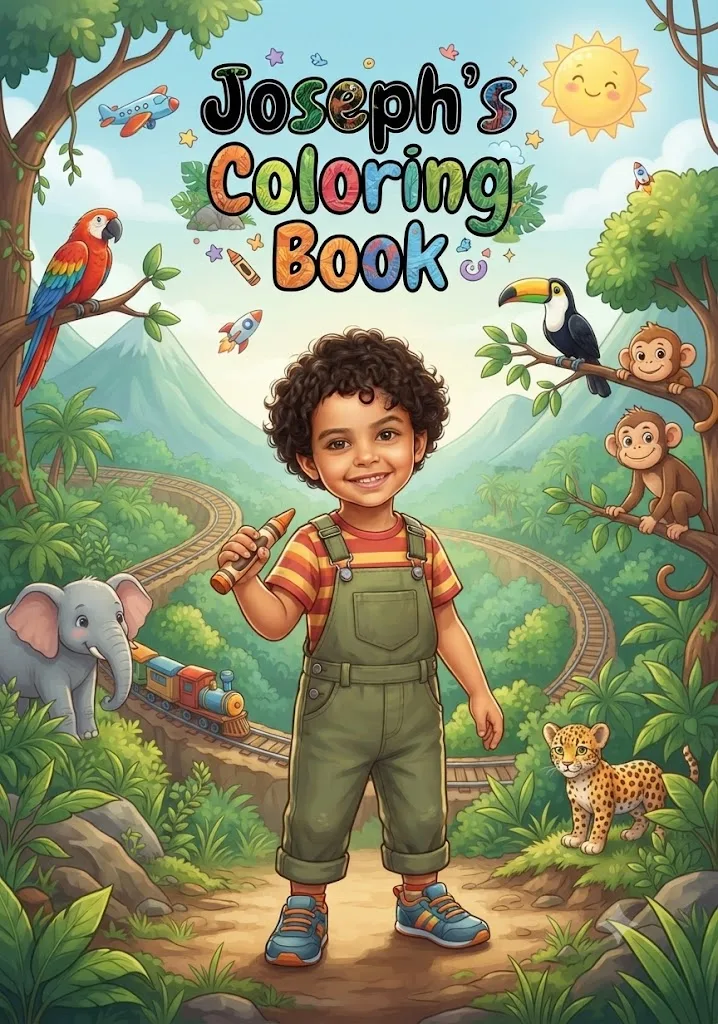 Personalized coloring book cover example — Joseph, safari theme