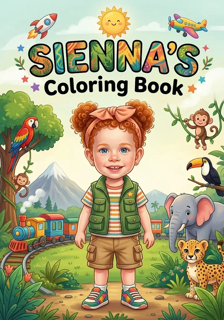 Personalized coloring book cover — Sienna, with her name and illustrated portrait