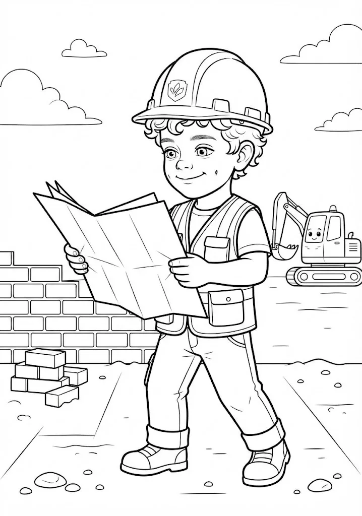Inside coloring page — the child illustrated as a builder